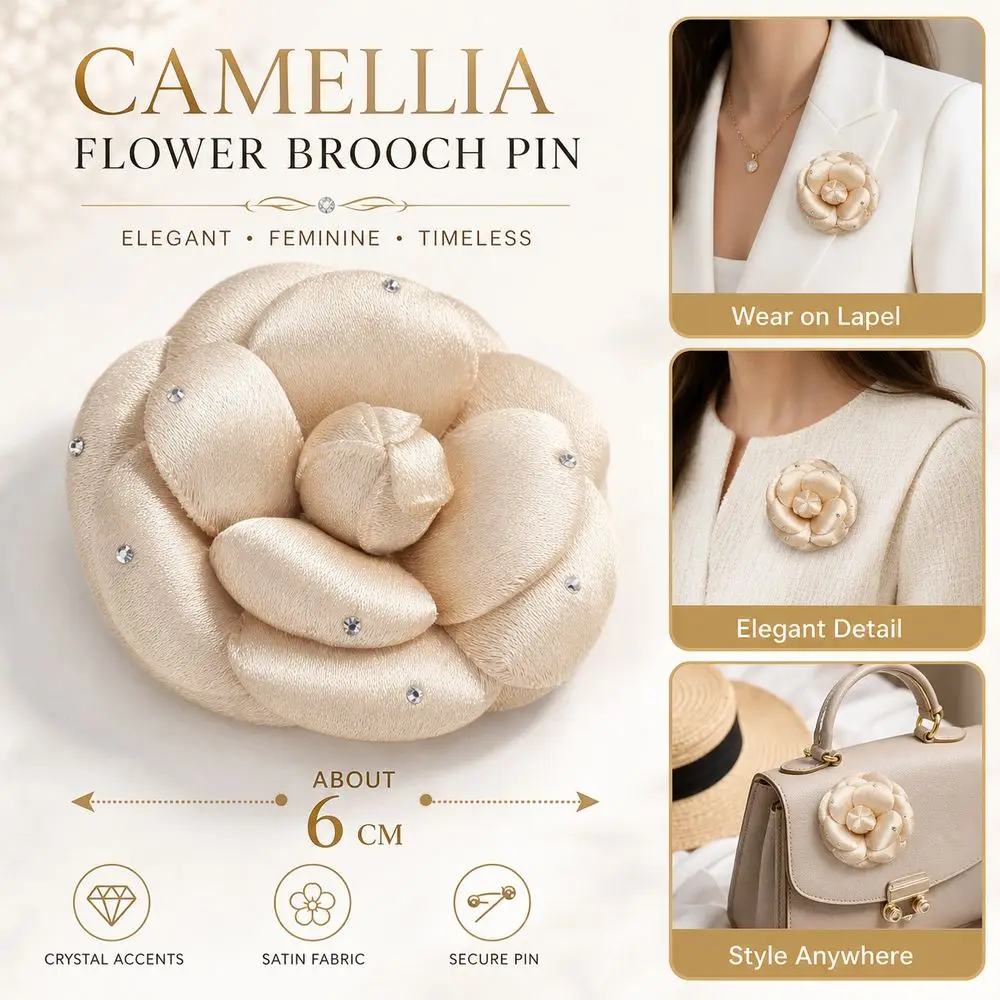Satin Camellia Flower Embellishment Rhinestone Accents Layered Petals Rhinestone Flower Applique Handmade 6CM