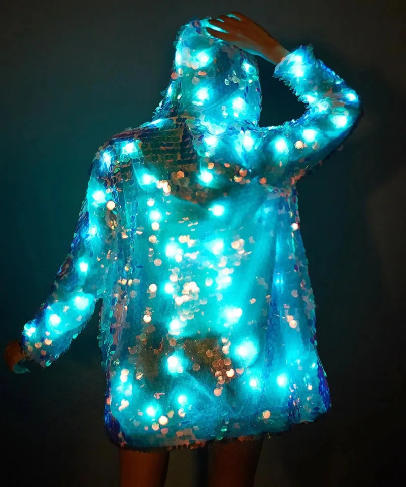 Led Glowing Jacket Light-up Nightclub Bar Party Jacket Faux Fur LED Luminous Sequin Stage Colorful Light LongSleeve Coating