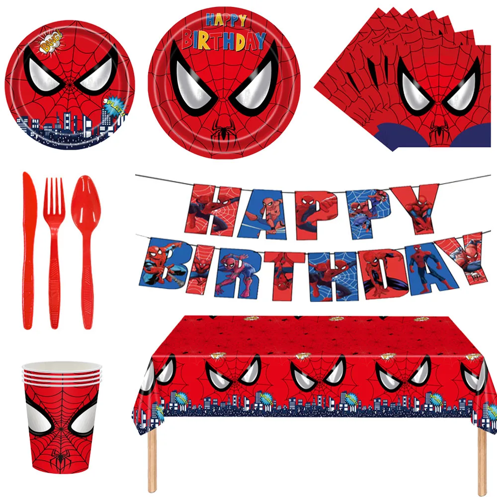 Neue 10-Personen-Spiderman-Geburtstagsparty-Dekorationen, Einweggeschirr, Tassenteller, Tischdecke, Hintergrund für Kinder, Babyparty