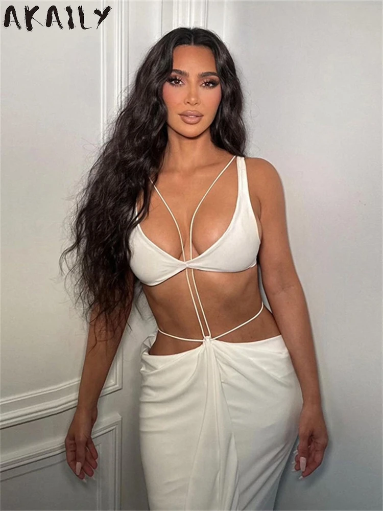 Akaily Autumn White Sexy Bandage Women 2 Piece Set Midnight Party Outfits 2024 Low-Neck Crop Bra Tanks+Maxi Skirt Matching Set