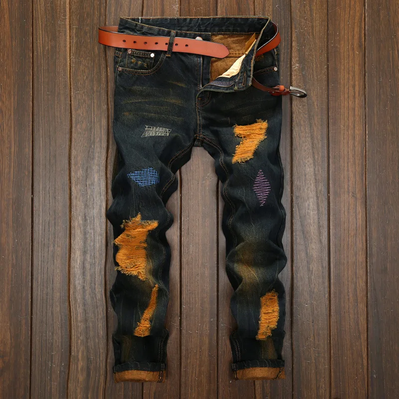 American Individualistic Distressed Straight-leg Jeans for Men, with Vintage Ripped Details and A Casual Long Pants Style.