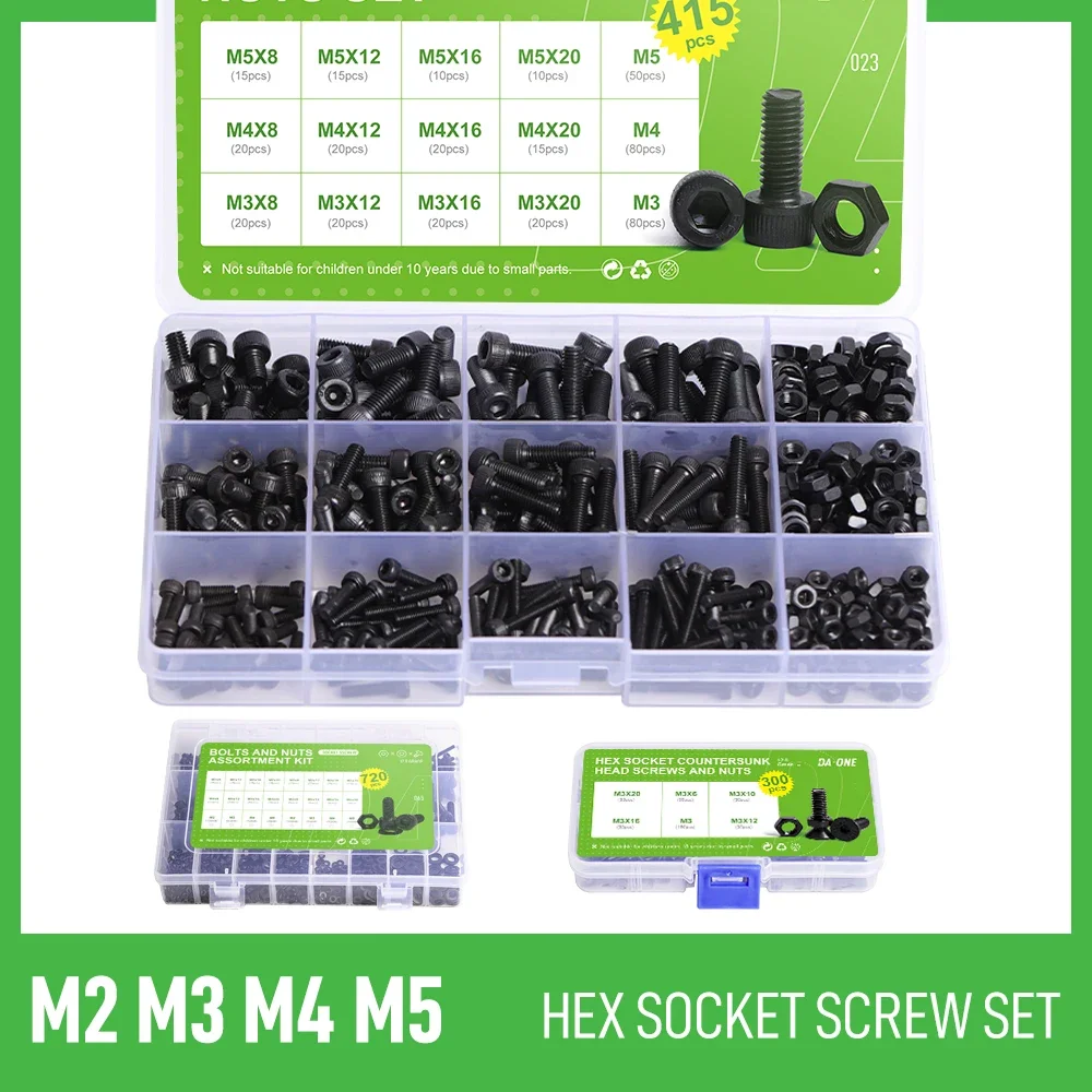 260/300/415/720 Pcs M2 M3 M4 M5 Hex Socket Screw Set Round Cap Head Screws DIN912 Bolts Nuts Assortment Kit Black 12.9 Grade