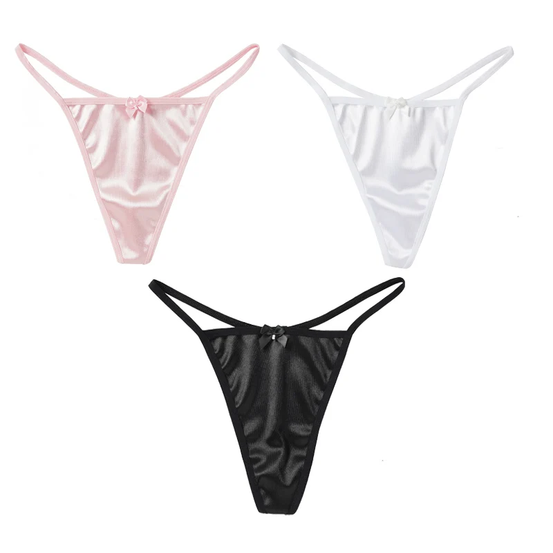 

3PCS Women's Thong Satin Sexy Seamless Underwear Female Bow Low Waist One Thread G-string Pure Cotton Crotch T-back M-2XL