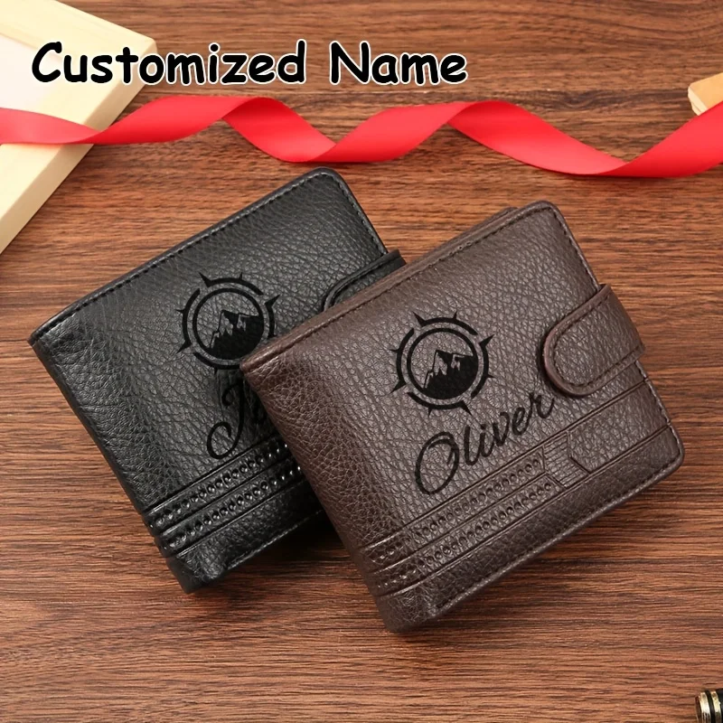 Customized Name Men Wallets Leather Zipper Purse Card Horders Quality Male Short Multi-card Coin Pocket Purse Father's Day Gifts