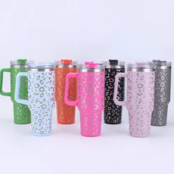 1Pc 40oz Stainless Steel Leopard Print Cup with Straw Portable Car Cup Large Capacity Water Cup