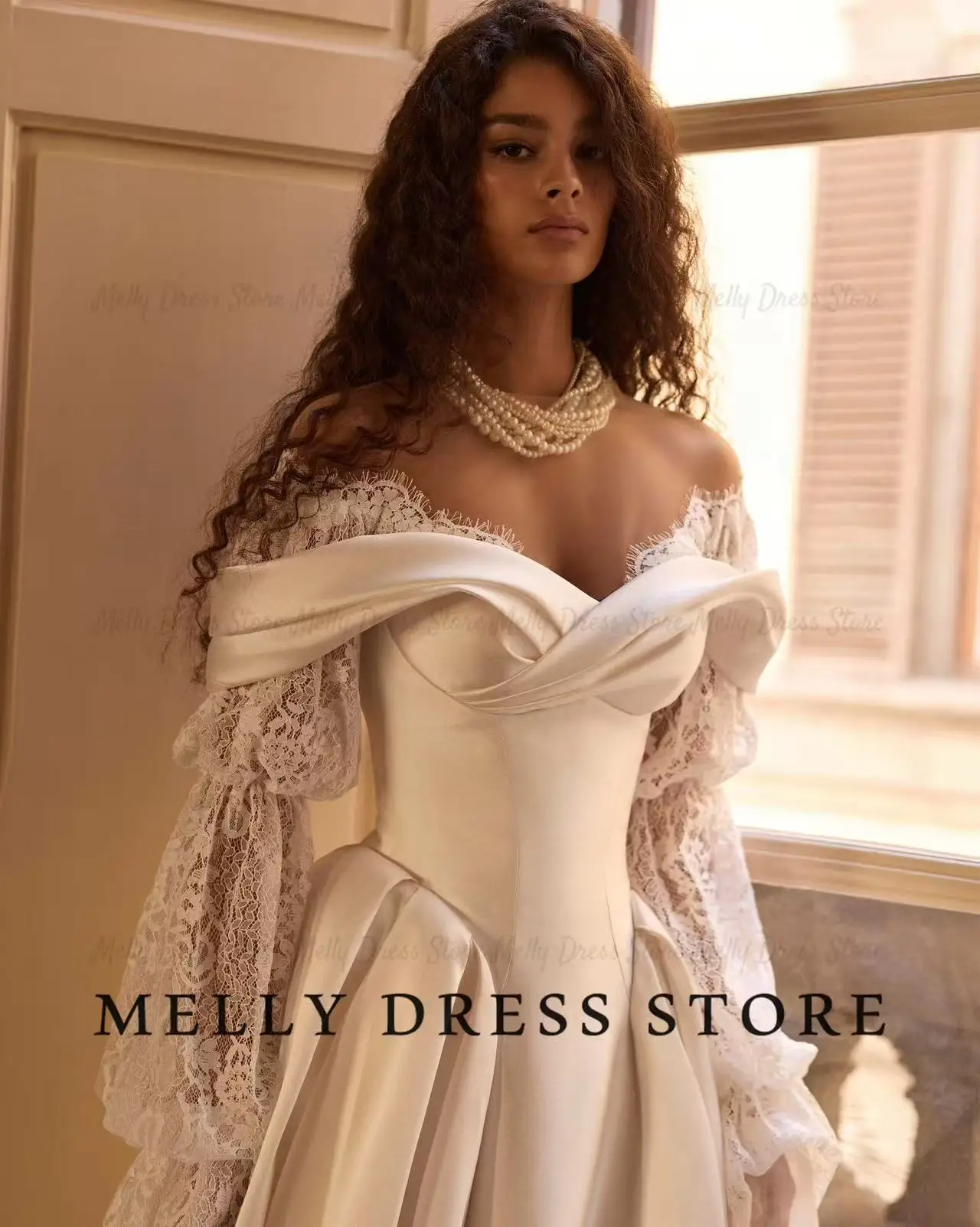 Melly Wedding Dress Princess Off Shoulder Satin amanda novias oficial Detachable Lace Puff Long Sleeves Bridal Gown Customized
