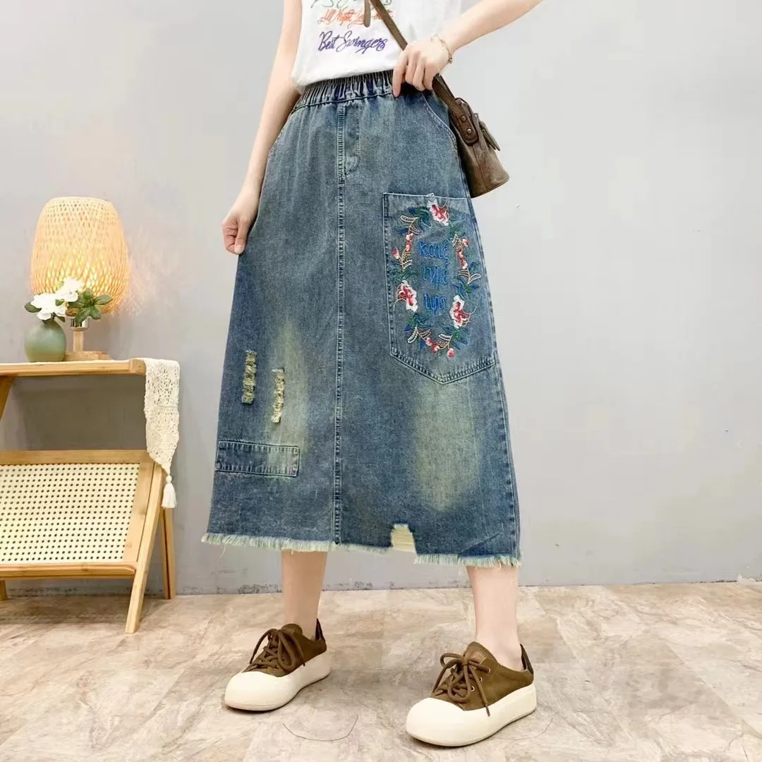 Japanese Vintage Mori Girl Flower Print Embroidery Denim Skirt Women Spring Summer Elastic Waist Casual  Loose A-Line Midi Skirt