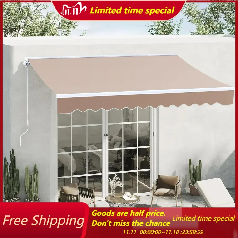 Manual Retractable Awning, 10' x 8.2' Patio Sun Shade Cover, Outdoor Canopy with Crank Handle, Water-Resistant Polyester