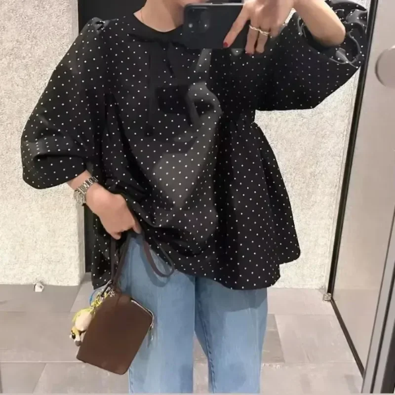 Bandage Bow Blusas Mujer Fashion Dot Print Woman Shirts Blouses 2024 Autumn New Ropa Japan Elegant Camisas Long Sleeve Blusa