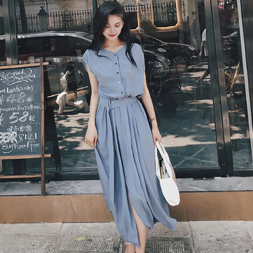

Casual Commuting Style Dress Commuting Style Long Dress Elegant A-line Midi Dress with Belted Waist Pleated Skirt for Slim