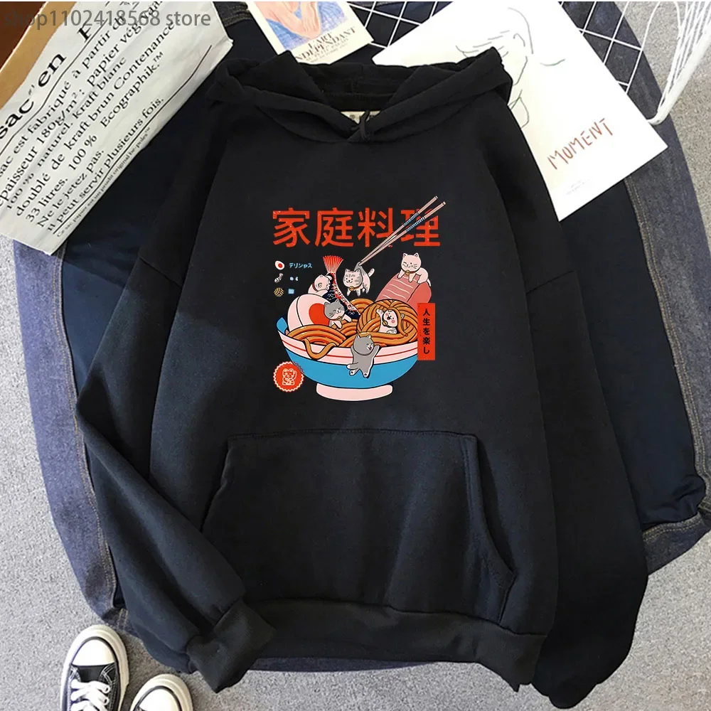 Ramen Cats Hoodie Women Japanese Anime Sweatshirts Autumn Winter Casual Men Fleece Long Sleeve Pullover Harajuku Kawaii Clothing