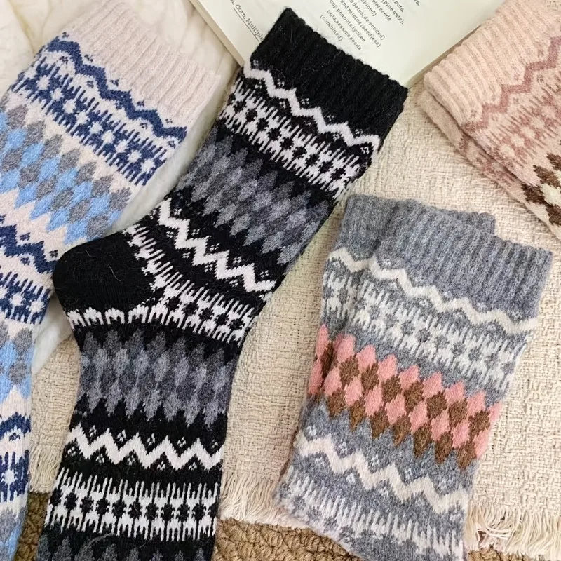 5-Pair Women's Wool Socks Thick Warm Winter Slouchy Rhombus Color-Block Suitable for Korean-Style Outfits,Rhombus Mid-Calf Socks