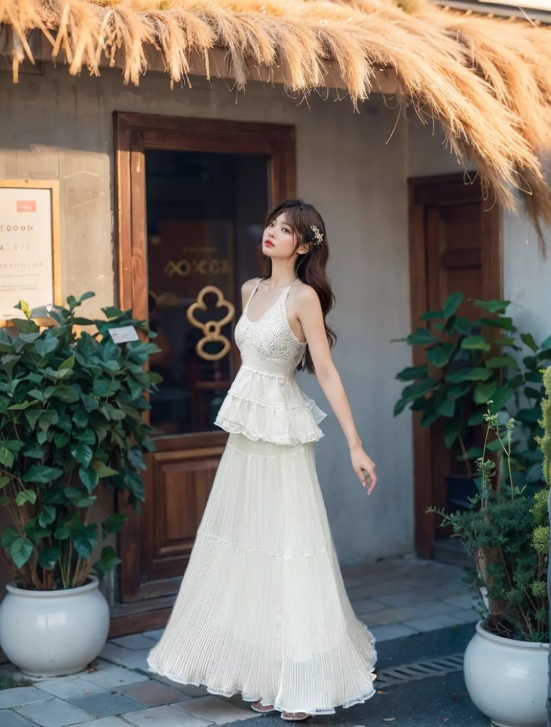 

hot girl pure sexy suit women's summer lace hook flower halter vest a-line pleated skirt two-piece set fashion female clothes