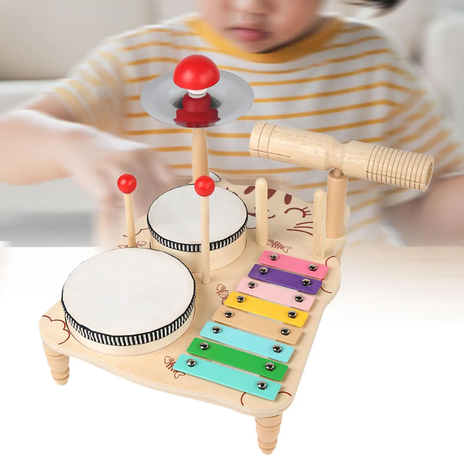 Xylophone Drum Set Kids Baby Drum Set, Educational Motor Skill Wooden Xylophone Musical Toy Musical Table for Boy Girl Kids