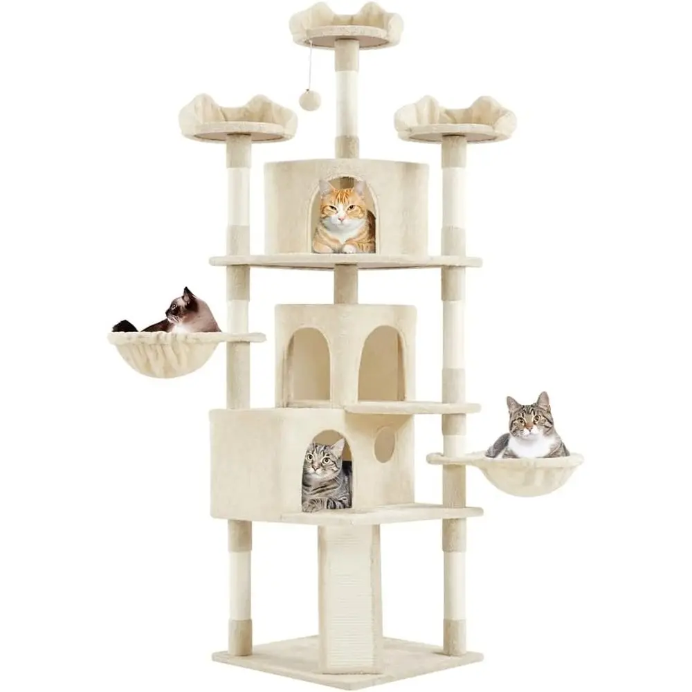

Large Multi-Level Cat Tower with 3 Condos, Plush Perches, 9 Scratching Posts, Ladder, Activity Center for Big Cats, Beige