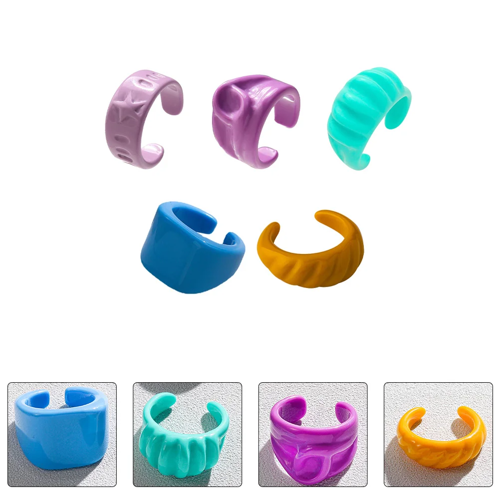 

5PCS Multicolor Rings Fashionable Index Finger Decorative Lovely Resin Jewelry Creative Gift Set Stylish Party Accessories