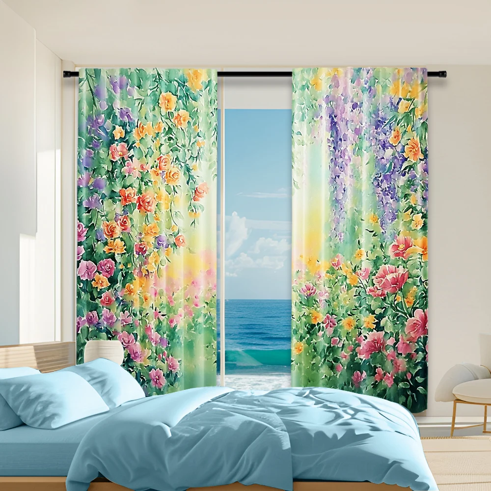 2Pcs Colorful Floral Plant Printed Window Curtain For Living Room Bedroom Home Decor Design For Privacy Protection_ai1