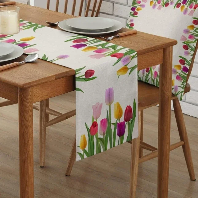 Spring Tulip Flower Floral Linen Table Runners Washable Dresser Scarves Dining Coffee Table Runner Wedding Holiday Party Decor