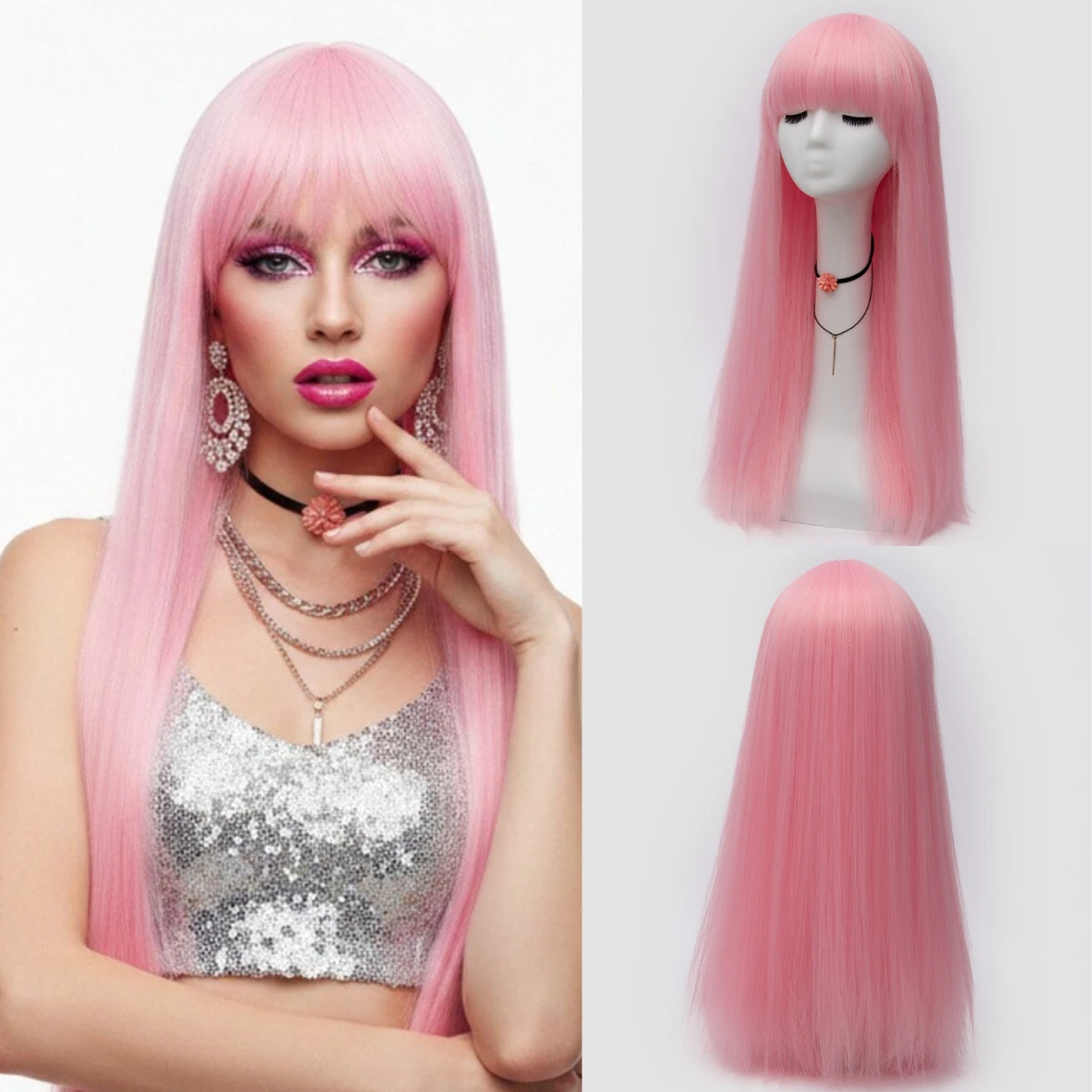 

Women Long Pink Straight Synthetic Hair Wig With Bangs For Women Daily Party Cosplay Lolita Fake Hair Heat Resistant