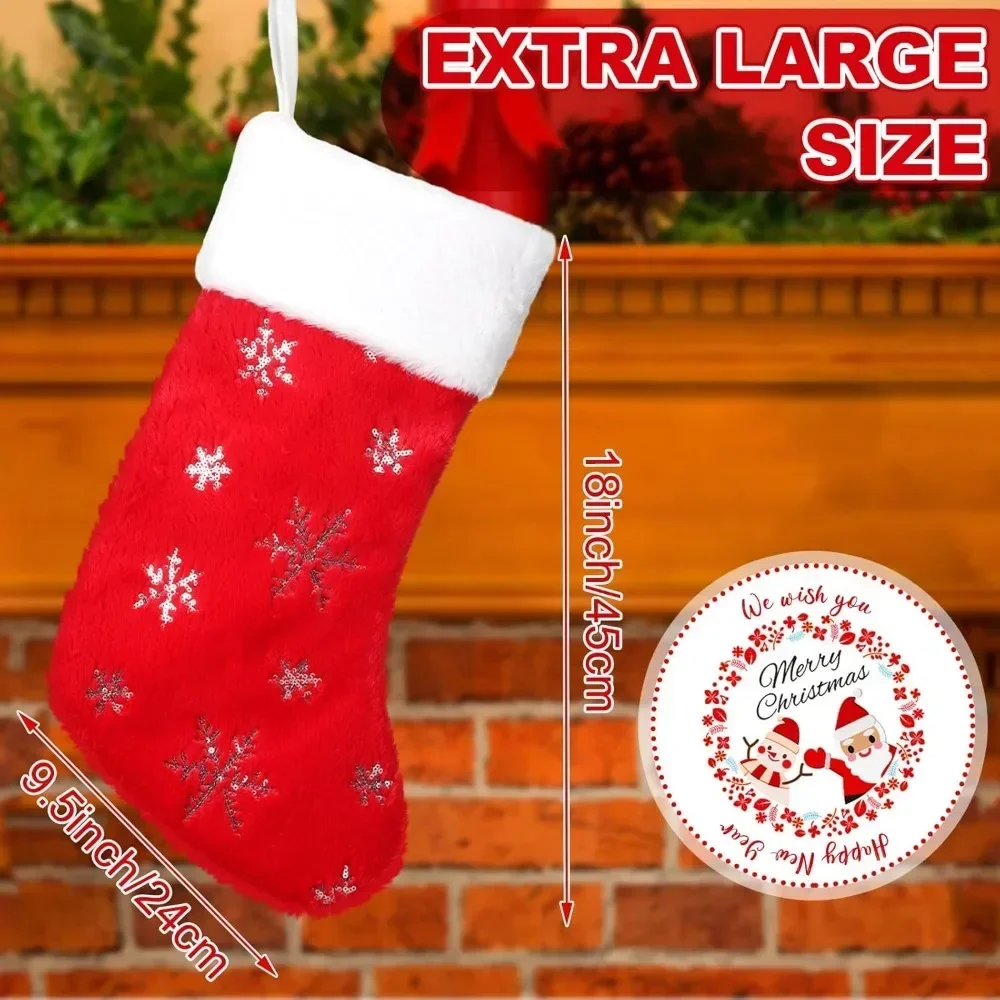 12 Pcs Faux Fur Christmas Stockings 18'' Large Xmas Snowflake Plush Hanging Stocking Glitter Sequin Embroidered Christmas