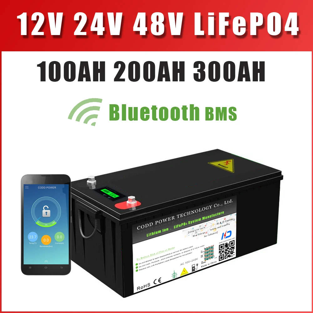 12V 24V 48V 100AH 200AH LiFePO4 Battery Bluetooth BMS 6000 Cycles Solar Energy Storage RV Campers Off-Road Off-grid Golf Cart