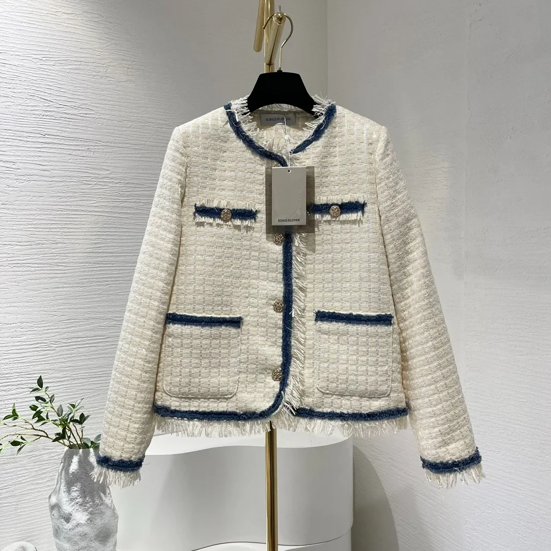 2024 Autumn Winter Navy Blue Trim Patchwork Beige Tassels Long Sleeve Tweed Down White Jacket for Women