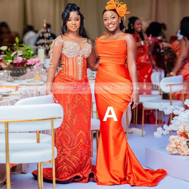 

Strapless Orange Mermaid Bridesmaid Dresses Style A Women Pleated Satin Long Reception Gowns Customized Wedding Party Dress