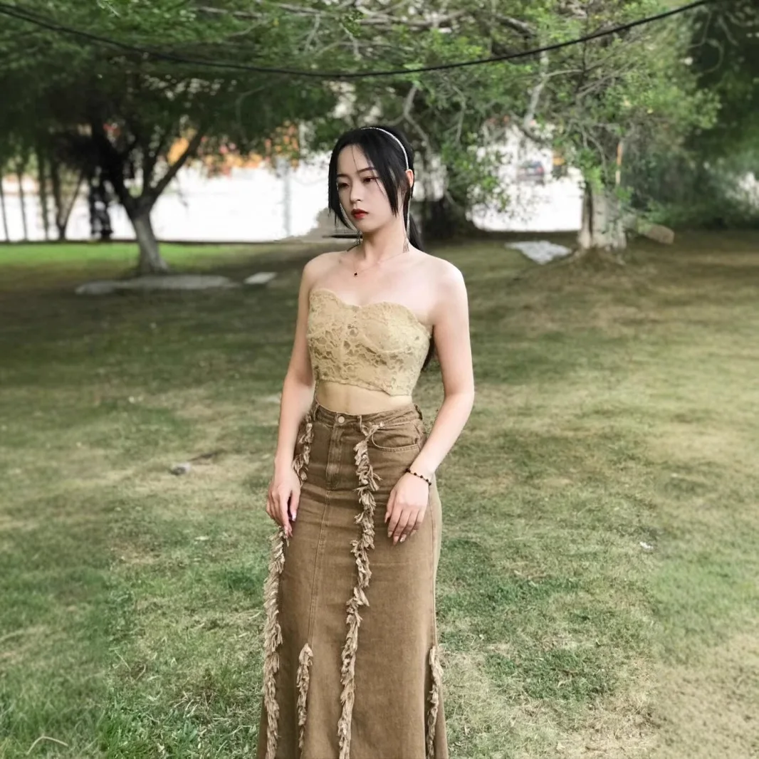 Autumn atmosphere niche flow swinging fishtail skirt denim orange brown temperament high waist super long skirt trend