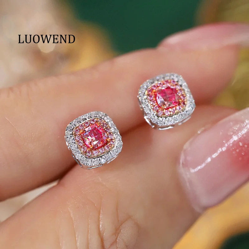 LUOWEND 18K White Gold Earrings Romantic Shiny Design Real Natural Pink Diamond Stud Earrings for Women High Engagement Jewelry