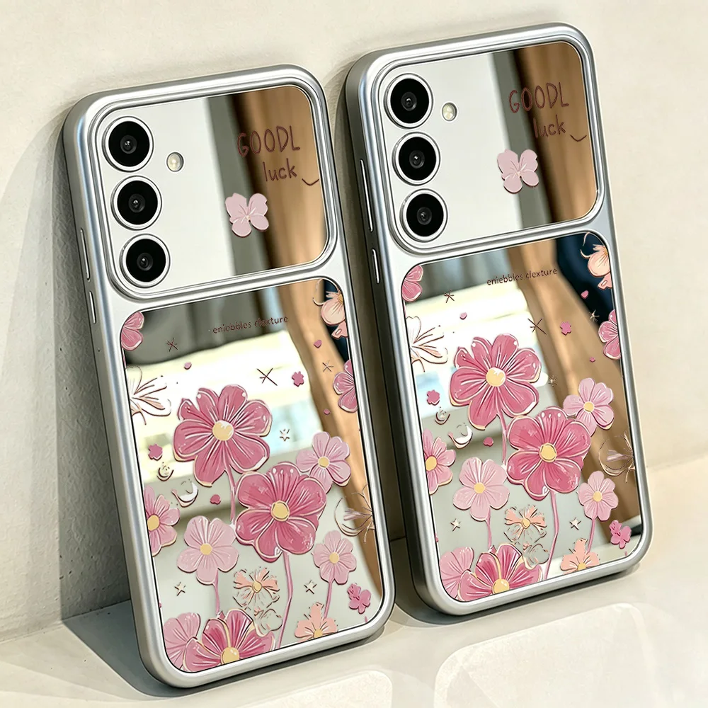 Mirror Phone Case For Samsung S26 Ultra S25 S24 S23 FE A57 A56 A55 A37 A17 A07 Funda Pink Flower Shockproof Cover With Lanyard