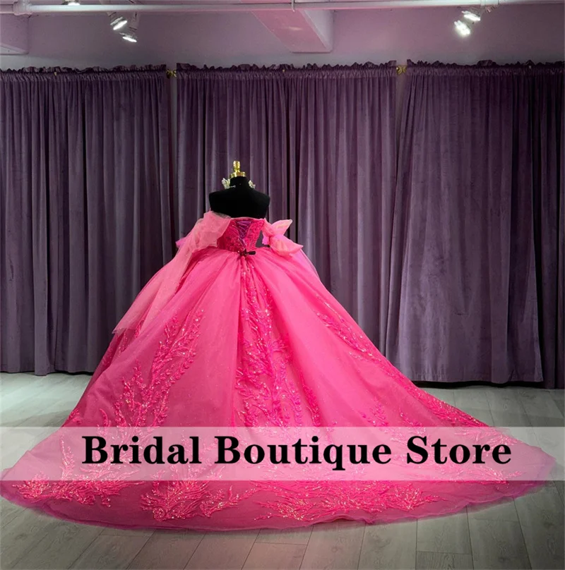 Glitter Fuchsia Princess Quinceanera Dresses 2024 Off Shoulder Beads Appliques Crystal Sequins Ball Gown Sweet 15th Dress