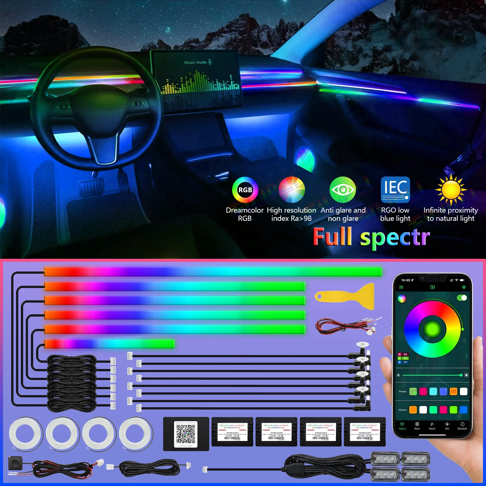 14 in 1 22 in 1 Interior Acrylic Ambient Light 64 Colors RGB Bluetooth Neon Rainbow Symphony Led Acrylic App Control Dual Zone