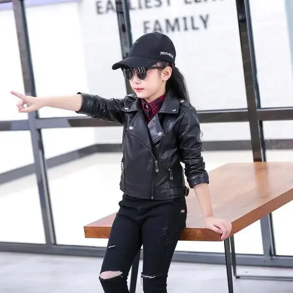 Children Girls Boys Black Pu Jackets Kids Baby Leather Jacket Spring Autumn Cool Coat Children Clothes Overcoats 3-14T