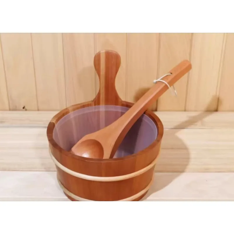 Wooden Bottom Sauna Bucket Matching Wooden Spoon Complete Sauna Accessory Set for Dry Steam Room