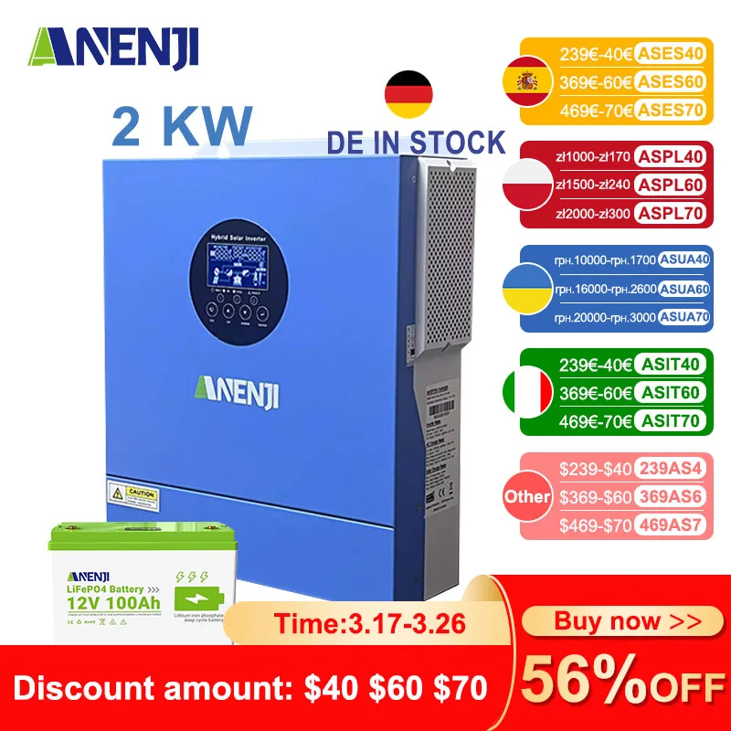 ANENJI 2000W 12V Hybrid Solar Inverter MPPT Pure Sine Wave Off-grid Inverter 230V Built-in 60A Solar Charger with 12V Battery