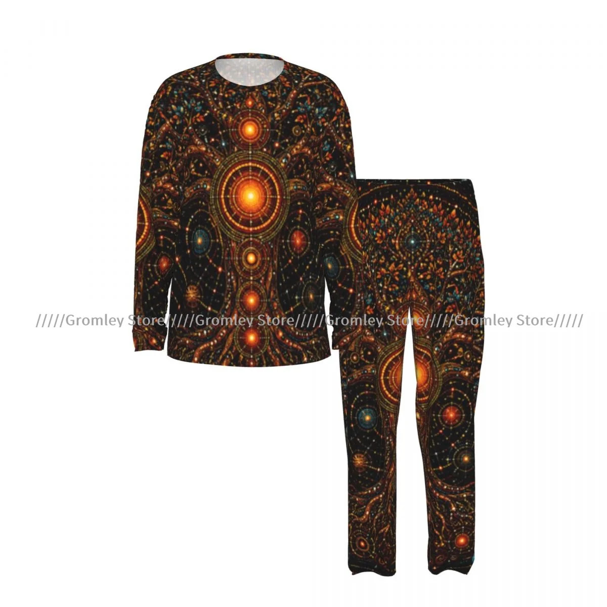 Men's Pajama Set Long Sleeve and Long Pants Mystical Tree Of Life With Dot Art Mandala Pattern Soft Sleepwear for Home