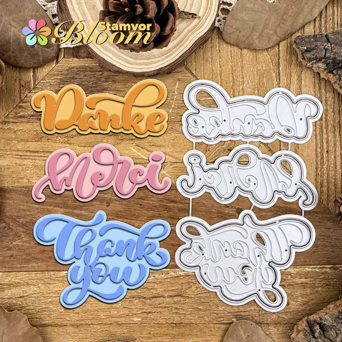 Original capas encantadoras inglés alemán francés gracias DANKE MERCI palabras Ti troqueles de corte de Metal Scrapbooking grabado decorativo