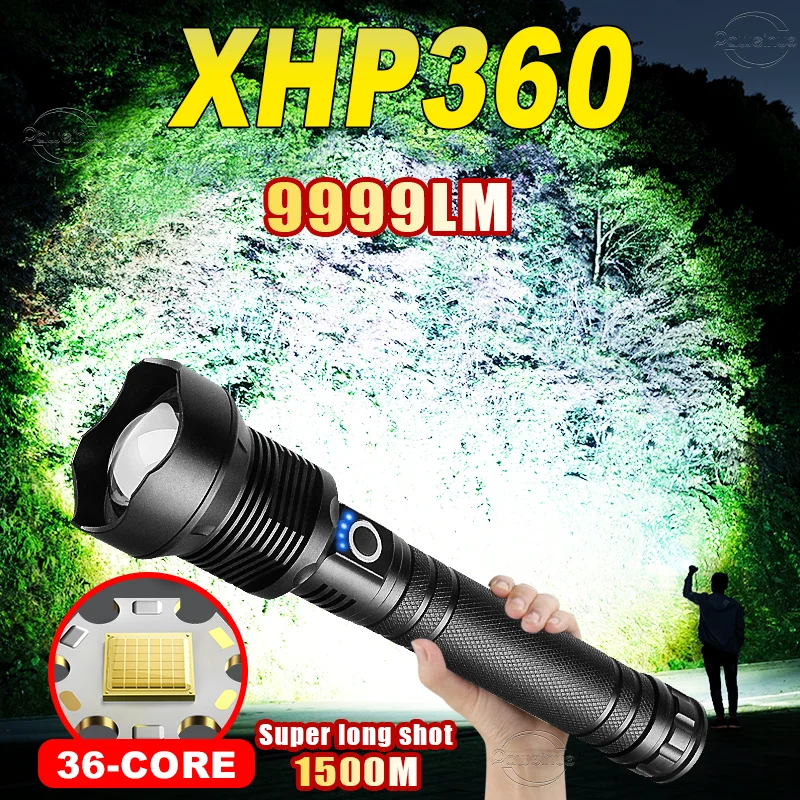 NEW XHP360 LED Powerful Flashlights 9999LM USB Rechargeable Flashlight 1500M Zoom Tactical Lantern Camping Long Shot Torch