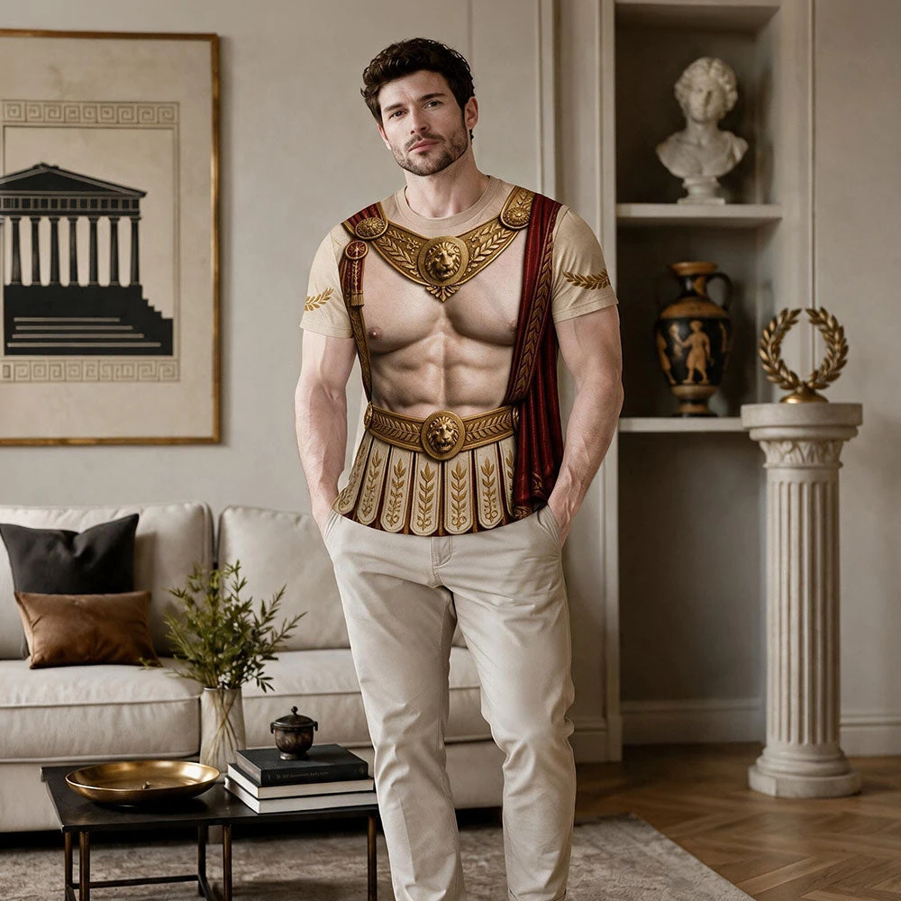 Fun 3D Roman Gladiator Muscle Print T-shirt, Roman Caesar Warrior Lion Helmet Armor Print T-shirt, Role-playing Party Top