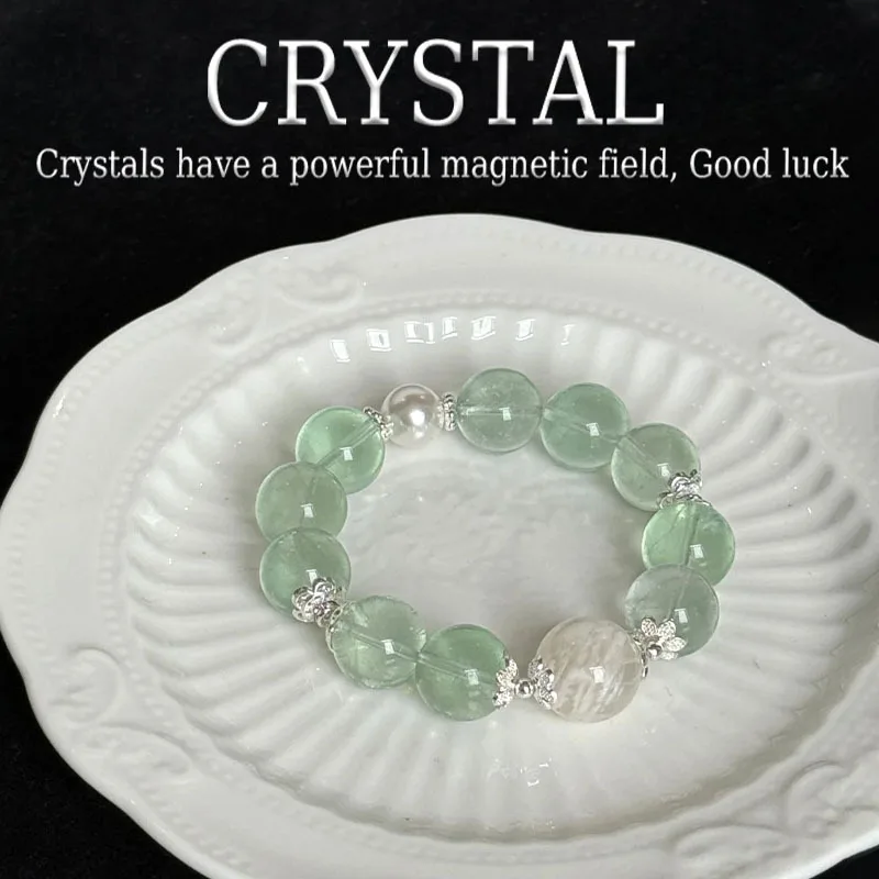 Natural Green Fluorite Bracelet, Clear Crystal, Ice Green Crystal, Love Guardian, Women's Healing Jewelry, 10-15mm Beads