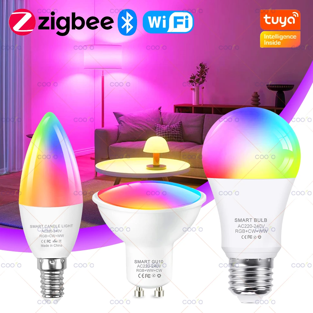 Tuya E27 GU10 E14 ZigBee Bluetooth WiFi Smart Light Bulbs LED Lamp RGBCW Smart Bulb Smart Life APP Work With Alexa Google Home