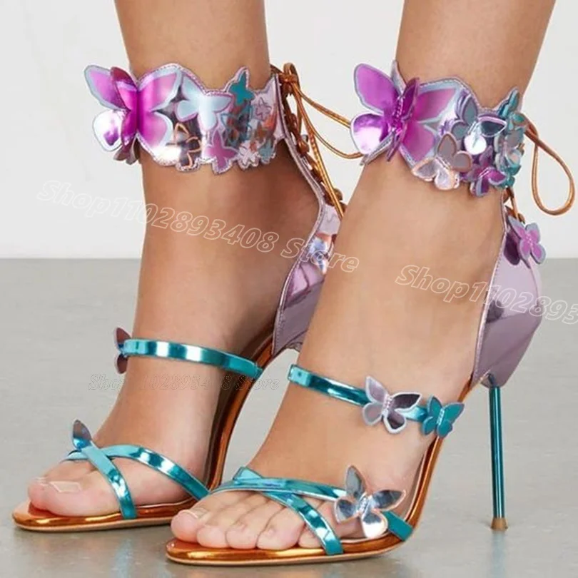 Mixed Butterfly Decor Lace up Sandals Patent Leather Cover Heels Stylish Design for Women party Shoes 2024 Zapatos Para Mujere