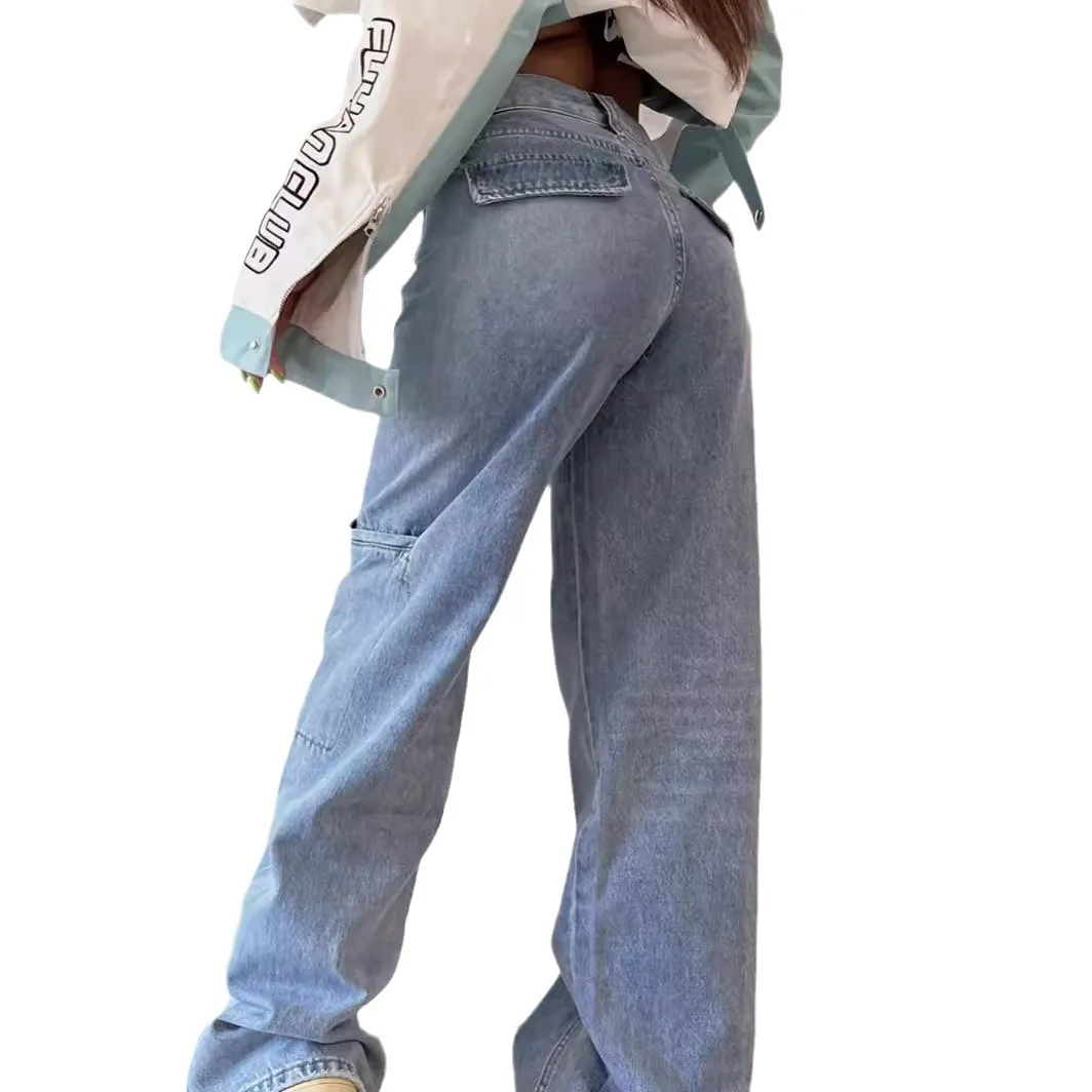 Jean taille haute à jambes larges pour femme, pantalon en denim épissé, longueur rinçage, jean lavé, poches ajustées, fermeture éclair, mouche,