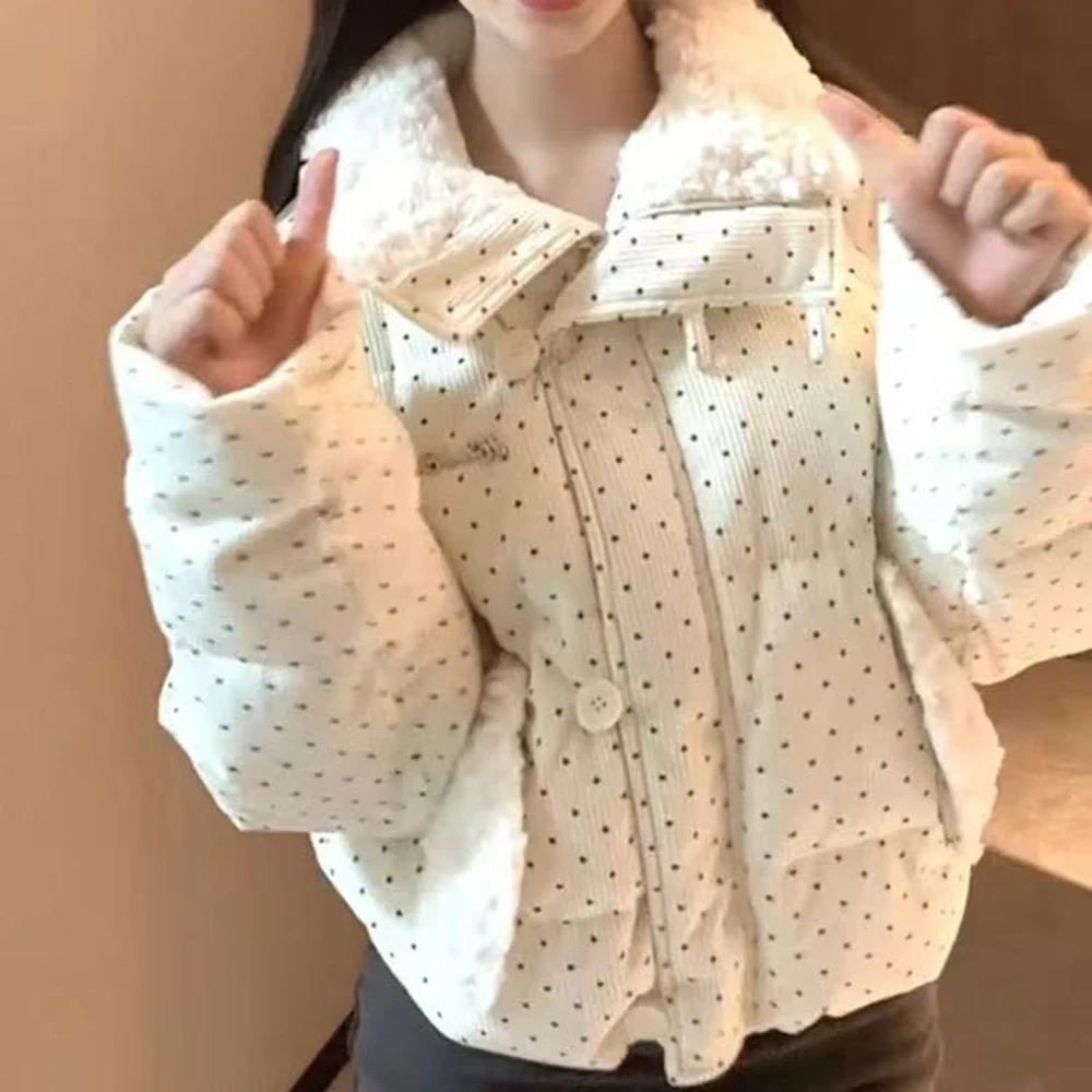 Korean design polka dot clothes fur collar sweet winter new thickened loose  jacket bread short cotton-padded clothes