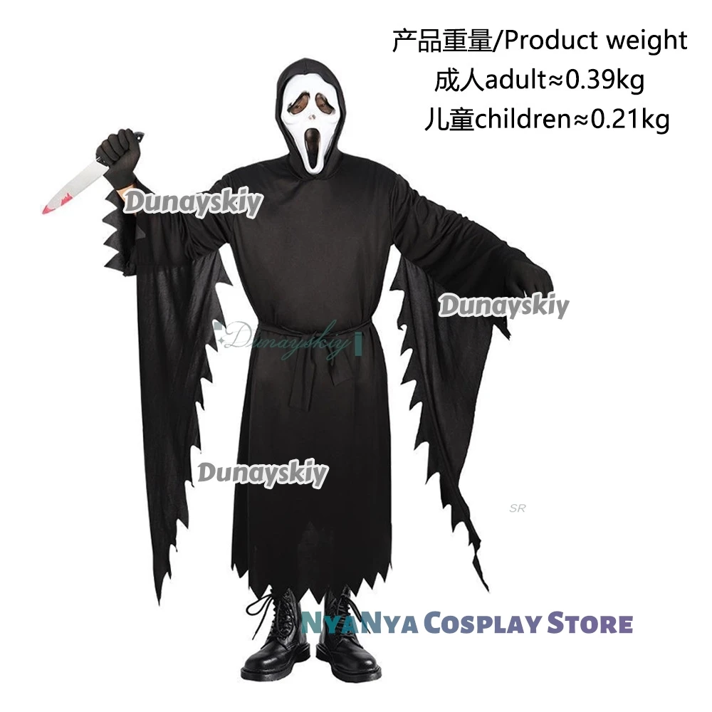 Vestido elegante para niños, máscara de calavera, bata larga negra, Cosplay de Scream GhostFace, fiesta de Halloween, película de terror, Carnaval, chico adulto