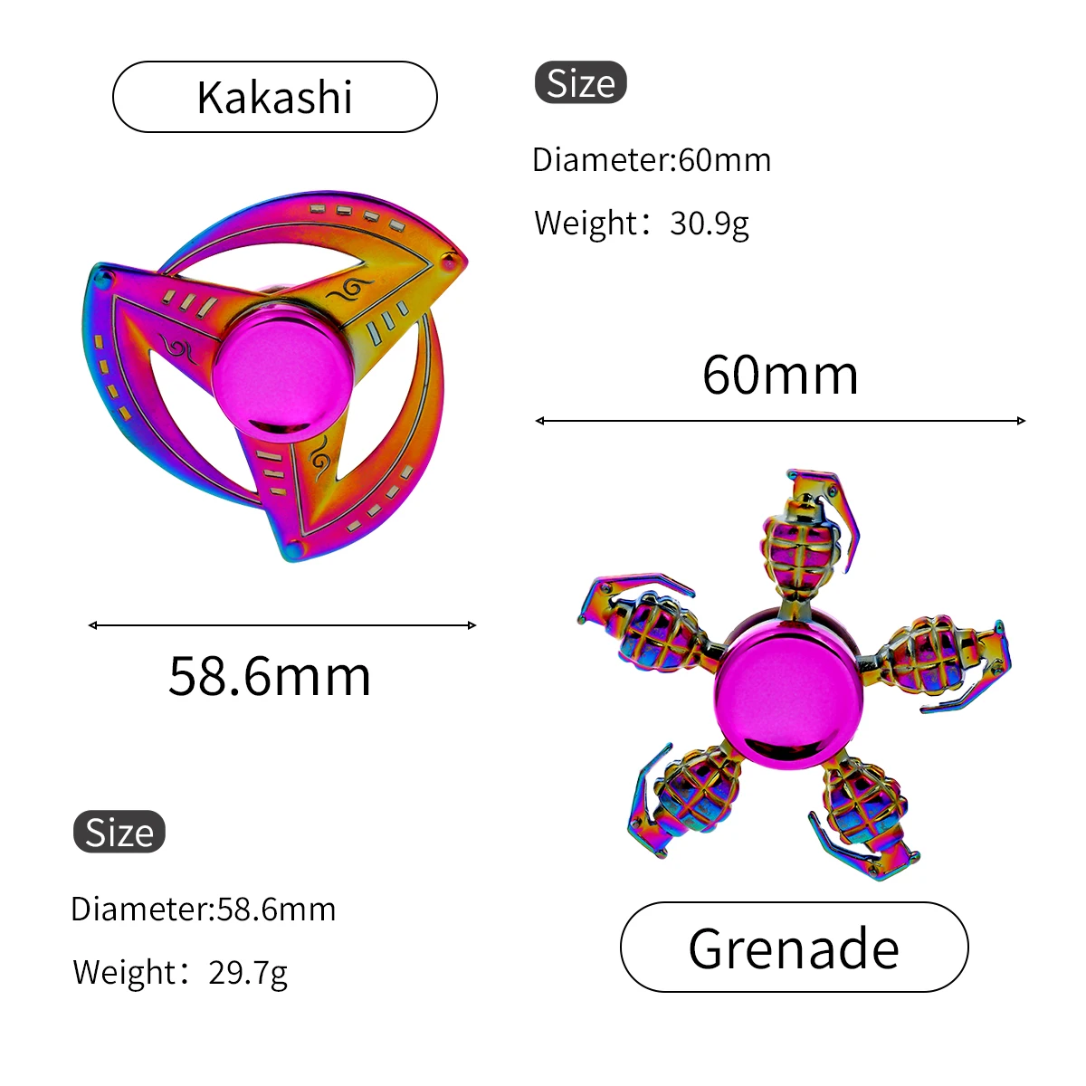 2PCS Zinc Alloy Colorful Finger Spinner Toy for Office Stress Relief And Leisure Entertainment Hand Grenade Shape
