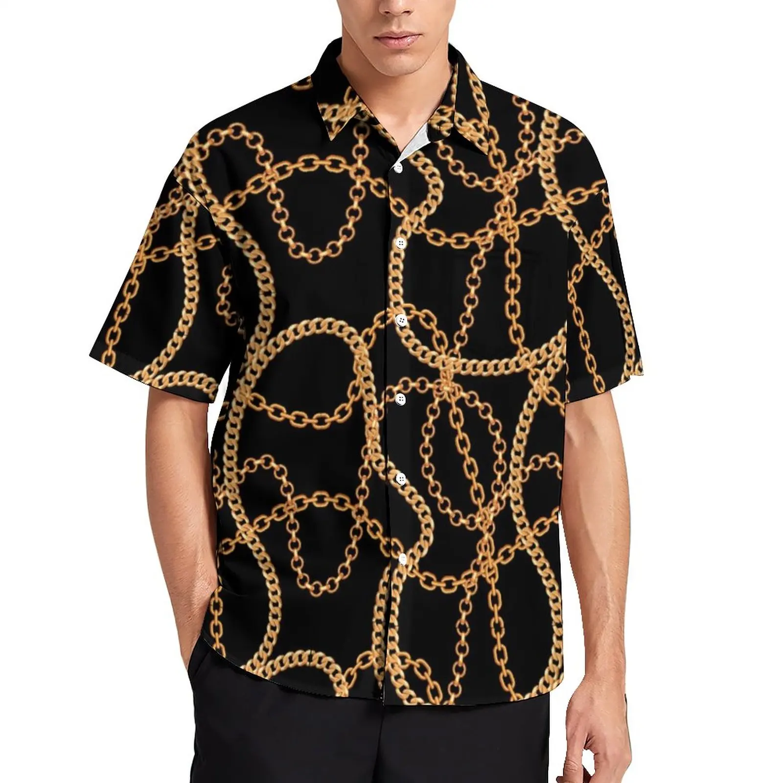 Chain Print Beach Shirt Gold Chains Luxury Hawaii Casual Shirts Man Trendy Blouses Short Sleeve Printed Clothes Plus Size