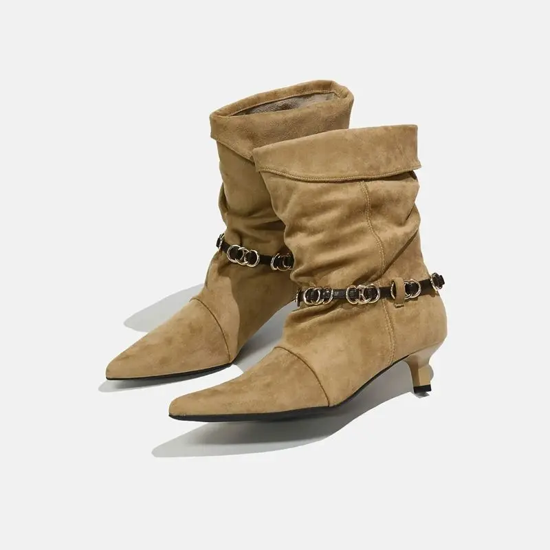 Women's Faux Suede Pointed Toe Stiletto Boots 2026 Fall Winter Metal Chain Slouchy Ruched Khaki Elegant Hot Girl Trending Shoes