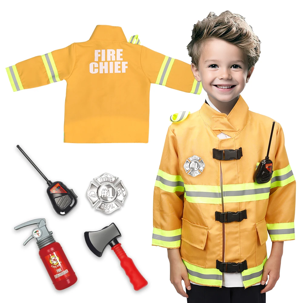 Kids Fireman Costume Firefighter Dress-Up Toy Set for Children Boys and Girls Fire Chief Pretend Role Play with Accessories