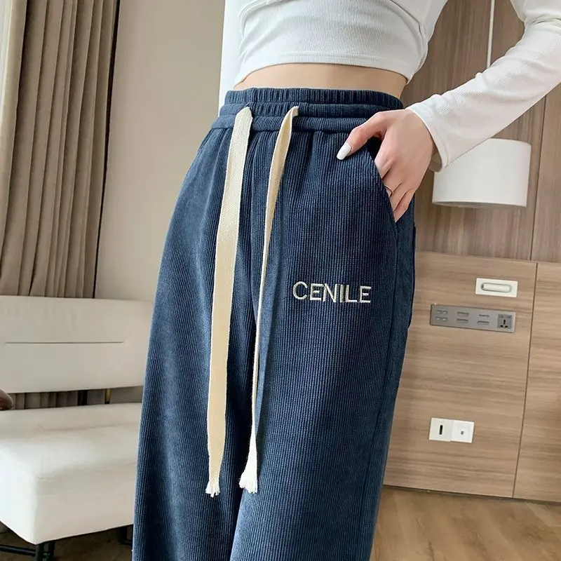 High Quality Corduroy Loose Drawstring Letter Embroidery Wide Leg Pants Solid Colour High Waist Droop Women Casual Long Pants